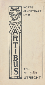 710710 Linkerdeel van een kwitantie van Artibus, [Kunsthandel], Korte Jansstraat No. 11. Ten name van Mevrouw H.J. ...